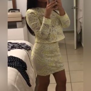 Two piece skirt and top with sequins and a floral linen pattern. in small